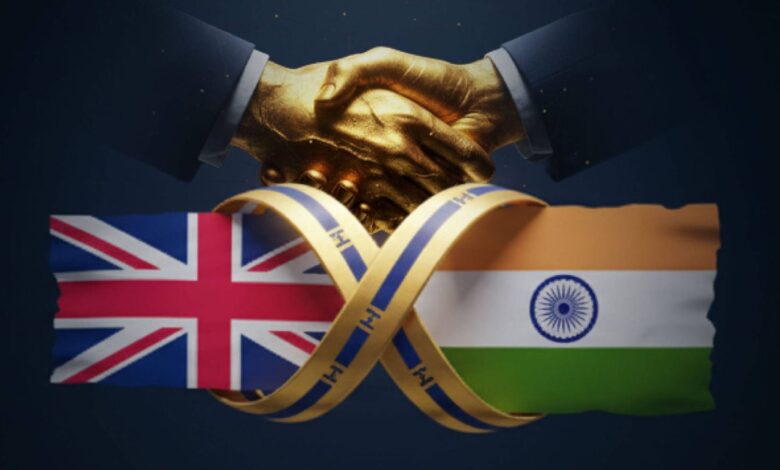 Handshake between two individuals with UK and India flags in the background.