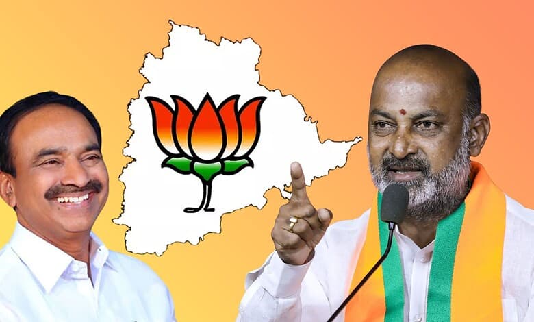 Bandi Sanjay and Eatala in front of a map of Telangana with BJP lotus symbol.