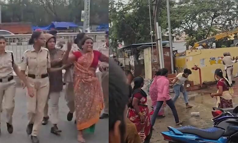 Women protesting outside a hospital after a family planning surgery incident in Hyderabad.