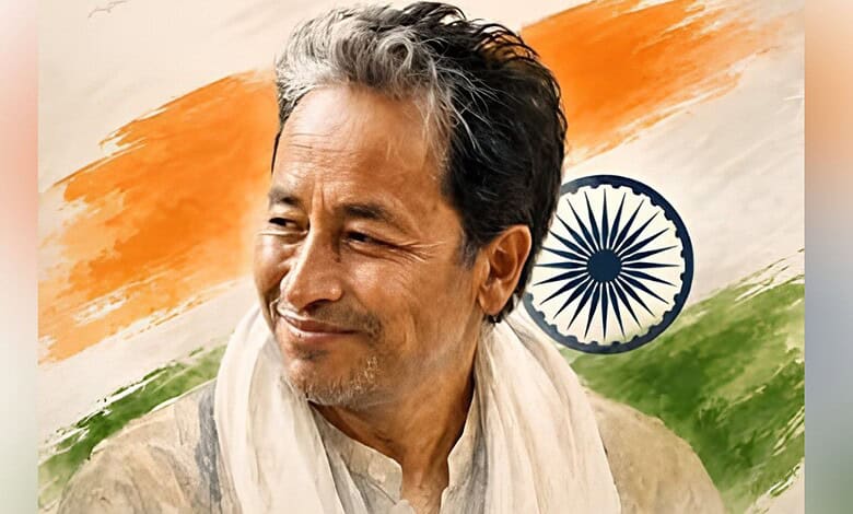 Sonam Wangchuk smiling with Indian flag colors in the background.