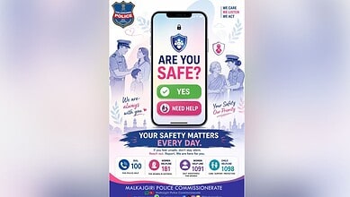 Malkajgiri police safety helpline app on a smartphone screen with police officers and children.