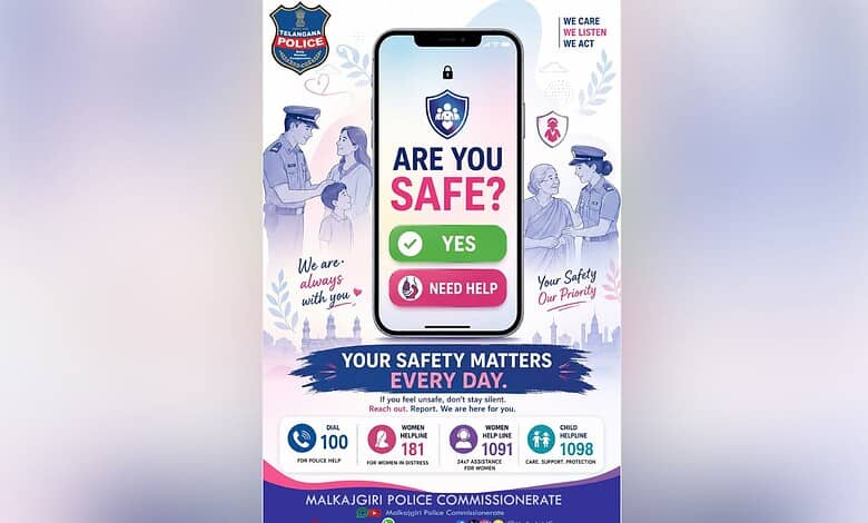 Malkajgiri police safety helpline app on a smartphone screen with police officers and children.