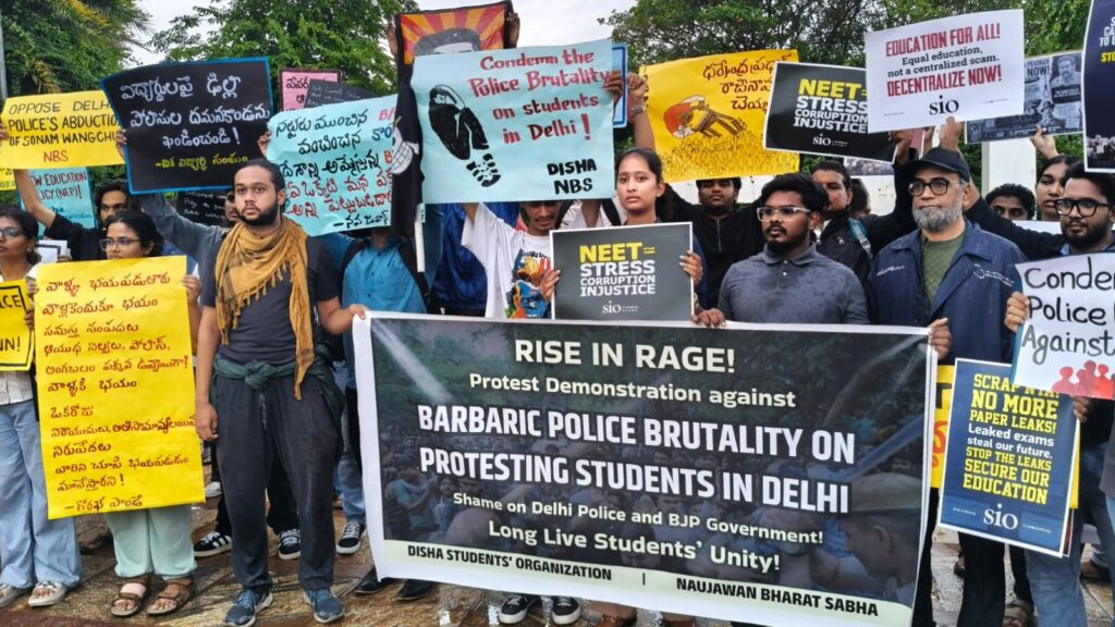 Protesters in Delhi demand justice against police brutality and government action.