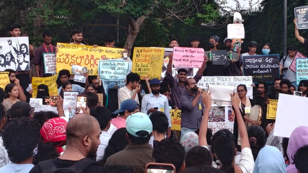 Protest in Hyderabad demanding Pradhan's resignation and justice for victims.