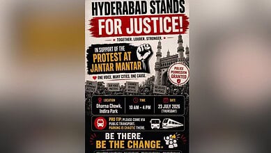 Protest at Hyderabad's Dharna Chawk supporting justice and CJP, with banners and crowd.
