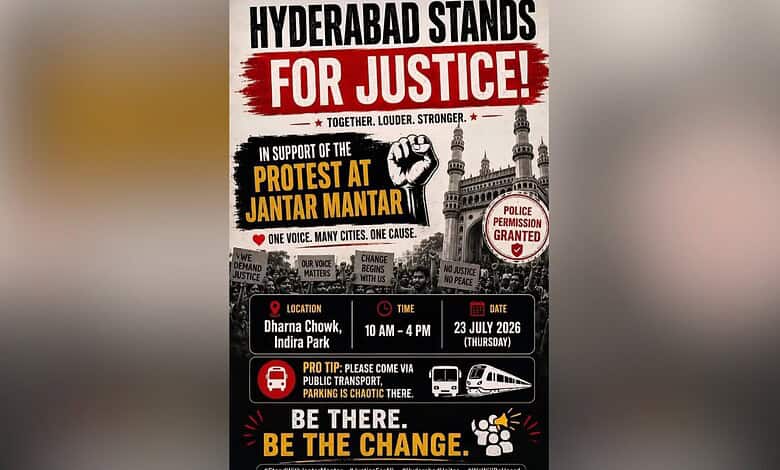 Protest at Hyderabad's Dharna Chawk supporting justice and CJP, with banners and crowd.