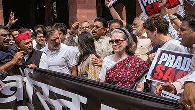 Sonia Gandhi and opposition leaders protest outside the Parliament