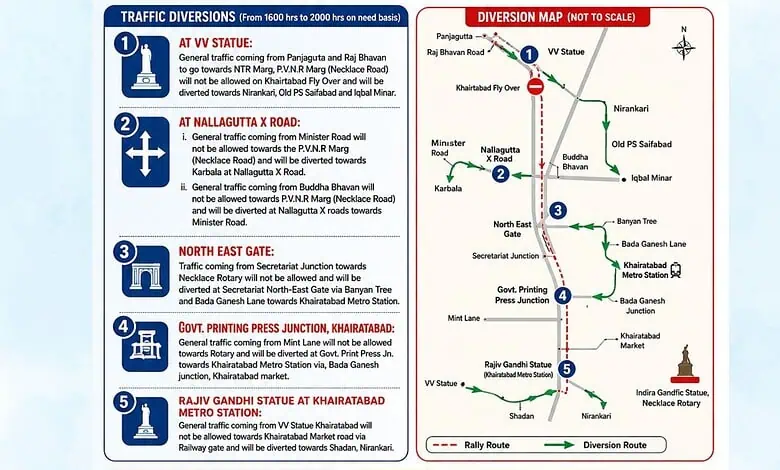 Traffic diversion map for CM Revanth's candlelight rally showing key routes and traffic points.