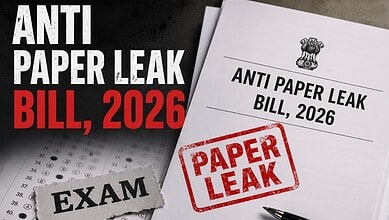 Anti-paper leak bill 2026 document with 'PAPER LEAK' stamp and exam paper in background.