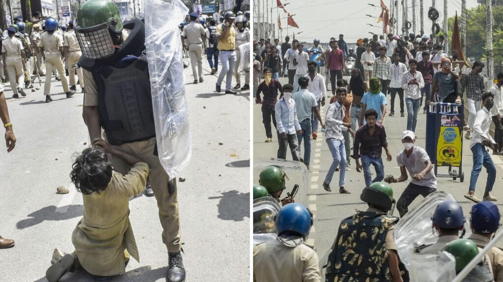 Police using tear gas and baton charge during NEET bandh violence in Bihar.