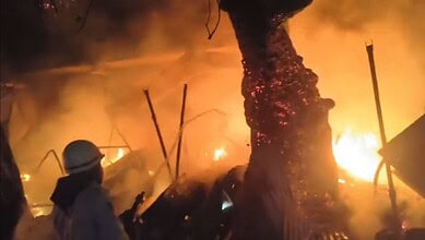 Fire engulfs shops near a tree in Nalgonda, causing extensive damage during a fire incident.