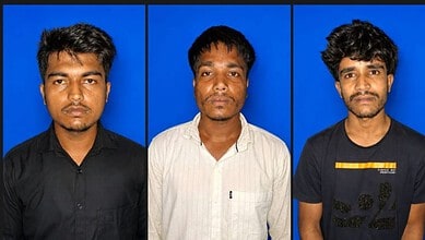 Three Muslim men detained by Assam Police over protest plans, blue background.