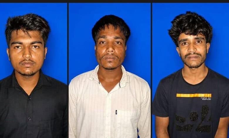 Three Muslim men detained by Assam Police over protest plans, blue background.