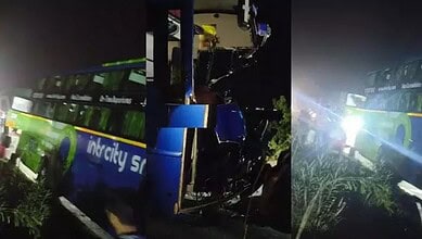 The front portion of the bus is damaged due to an accident in Gadwal