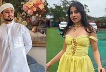Uorfi Javed in a yellow dress and Adnaan Shaikh in traditional white attire.
