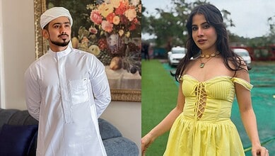 Uorfi Javed in a yellow dress and Adnaan Shaikh in traditional white attire.