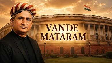 Indian politician in front of Parliament with 'Vande Mataram' text at sunset.