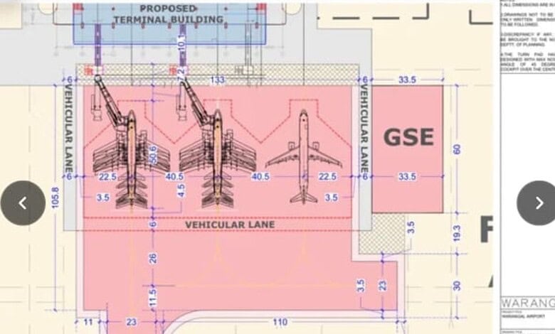 The image shows the proposed design for Warangal Airport at Mamnoor.