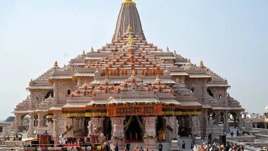 Beautiful view of Ram Mandir in Ayodhya with intricate architecture and spiritual ambiance.