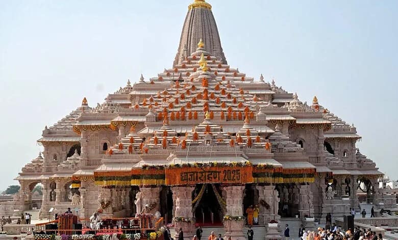 Beautiful view of Ram Mandir in Ayodhya with intricate architecture and spiritual ambiance.