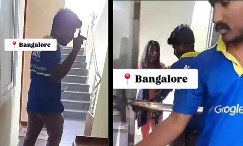 Delivery agent in blue uniform entering a Bengaluru home, police investigation ongoing.