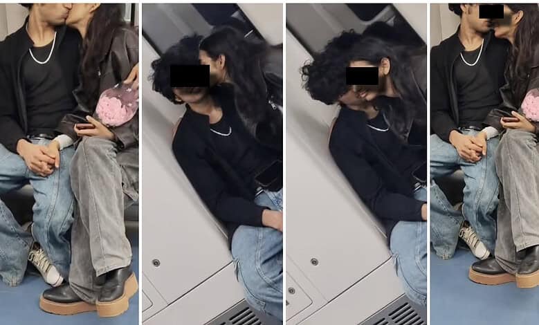 Couple sitting closely inside Bengaluru Metro, engaging in PDA, with faces obscured.