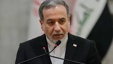 Iranian Foreign Minister Abbas Araghchi speaks at a podium during an official event.