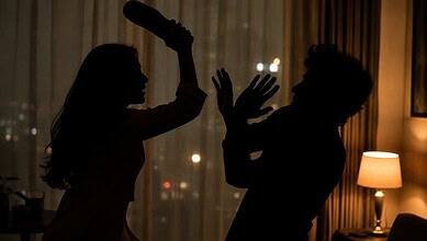 Silhouette of woman hitting man with slipper during a fight in a dimly lit room.