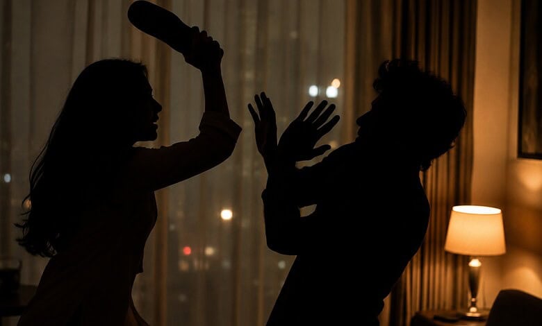 Silhouette of woman hitting man with slipper during a fight in a dimly lit room.