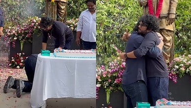 Akhil Akkineni falls at Nagarjuna's feet and cries during a celebration event.