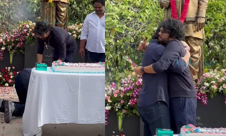 Akhil Akkineni falls at Nagarjuna's feet and cries during a celebration event.