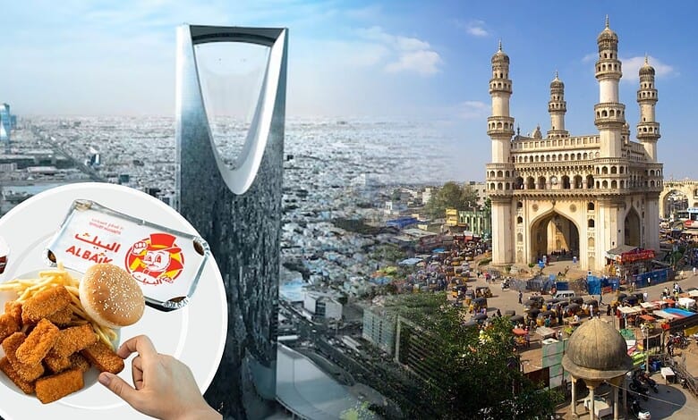 View of Hyderabad city with the ALBAIK fried chicken meal in the foreground.