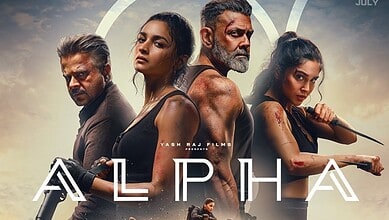 Group of four intense characters from the film Alpha, with a dramatic sky background.