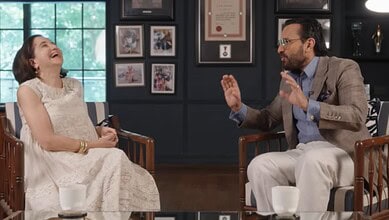 Saif Ali Khan and Anupama Chopra during a discussion on 'Free Palestine'.