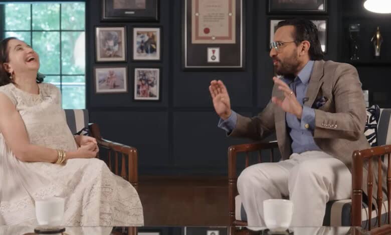 Saif Ali Khan and Anupama Chopra during a discussion on 'Free Palestine'.