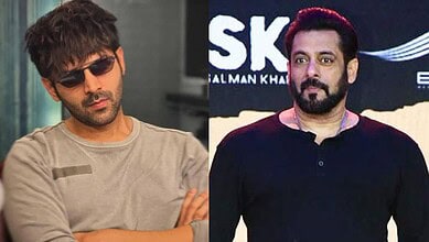 Kartik Aaryan and Salman Khan at a promotional event, both dressed casually.