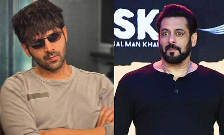 Kartik Aaryan and Salman Khan at a promotional event, both dressed casually.