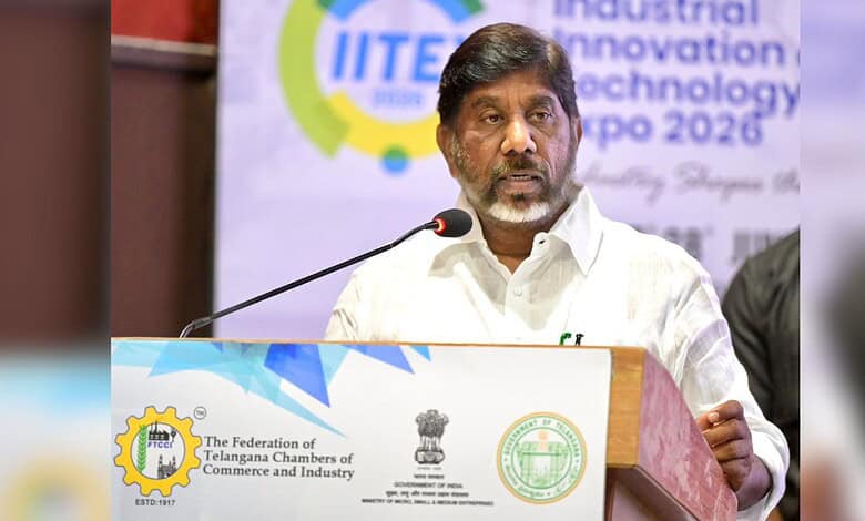 Telangana official speaking at IITE Expo 2028 about industrial innovation and technology.