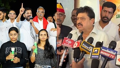 Telangana Chief Minister Revanth Reddy (left) and Telangana BJP president N Ramchander Rao (right)