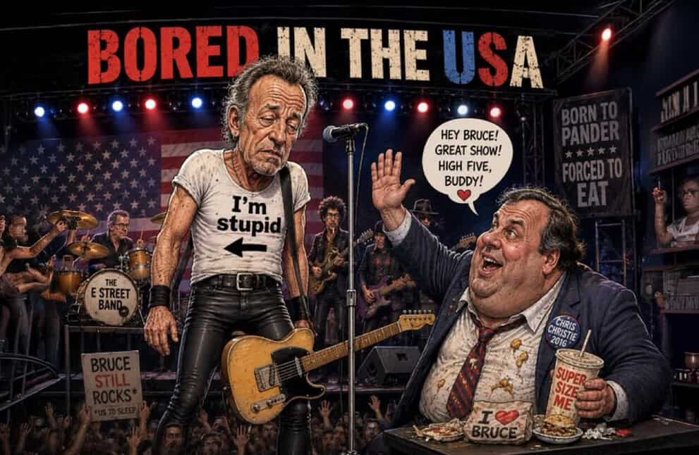 Satirical scene with two men on stage, one with a guitar, in front of 'Bored in the USA' banner.