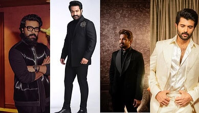 Four Telugu actors in stylish outfits posing indoors for a photoshoot.