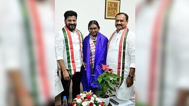 Telangana Chief Minister Revanth Reddy (left) AICC Telangana in-charge Meenakshi Natarajan (center) and TPCC President Mahesh Kumar Goud (right)