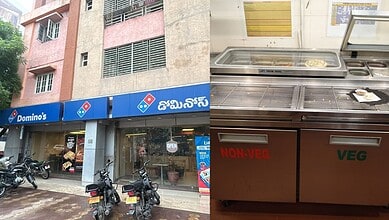 Rodents and foul smell at Manikonda restaurant during CMC raid, with Domino's outlet visible.