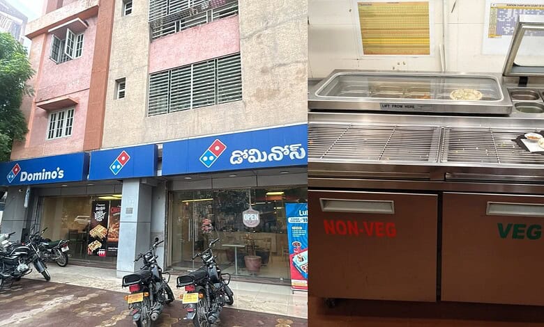 Rodents and foul smell at Manikonda restaurant during CMC raid, with Domino's outlet visible.