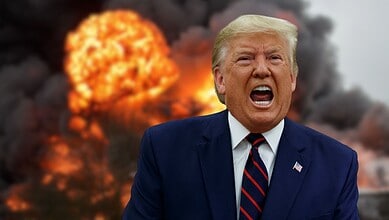 Donald Trump speaking with an explosion in the background, symbolising tension and conflict.