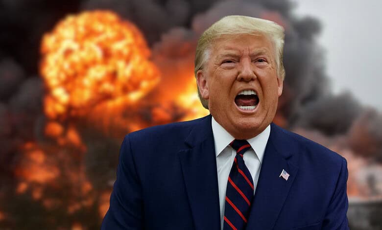Donald Trump speaking with an explosion in the background, symbolising tension and conflict.