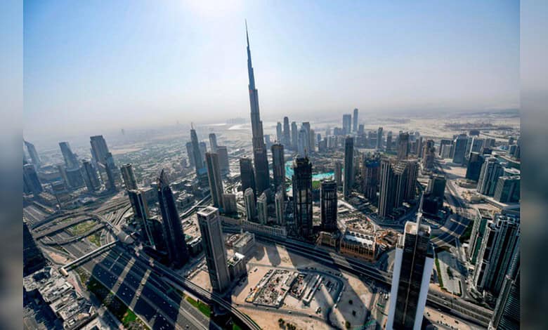 Dubai skyline with the Burj Khalifa and surrounding skyscrapers.