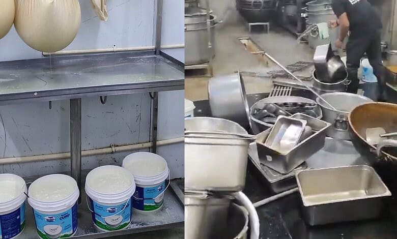 Kitchen with dirty utensils and containers, linked to food safety concerns.