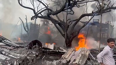 Fire engulfs tin sheds at Chaderghat in Hyderabad, causing extensive damage.