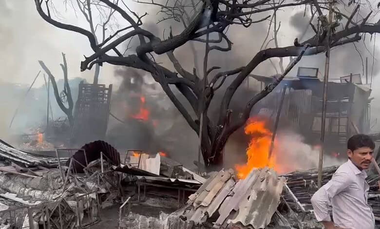 Fire engulfs tin sheds at Chaderghat in Hyderabad, causing extensive damage.